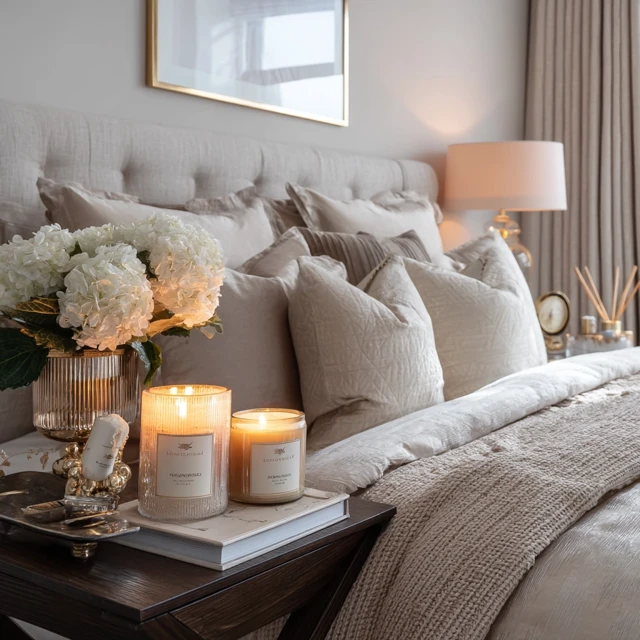 Luxury Bedroom Design Neutral Tones Candles and Scents