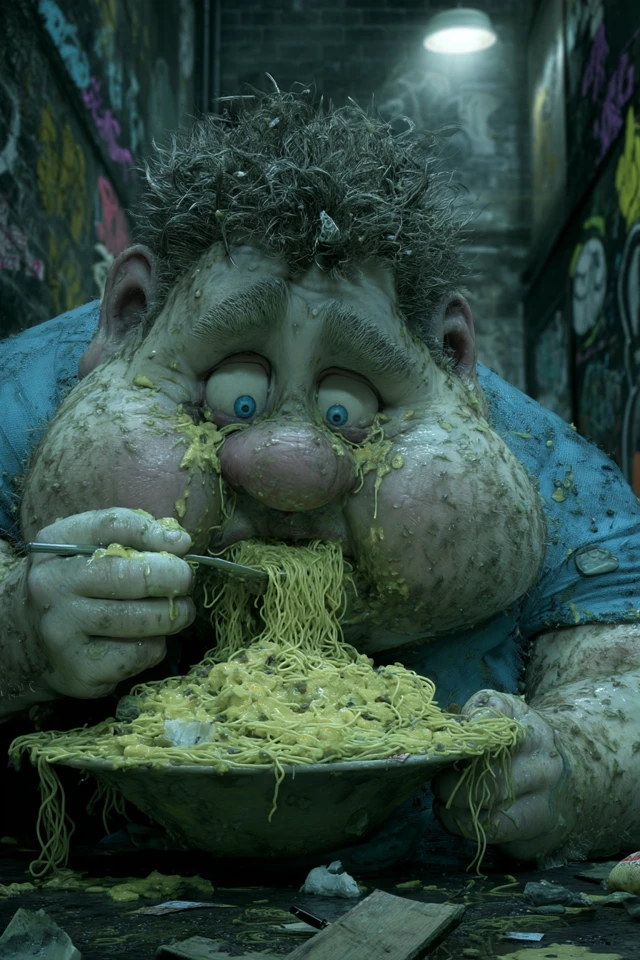 Gluttonous Man Devouring Spaghetti in Filthy Alley
