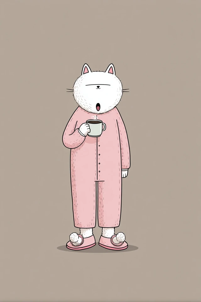 Sleepy Cat in Pajamas with Coffee Illustration