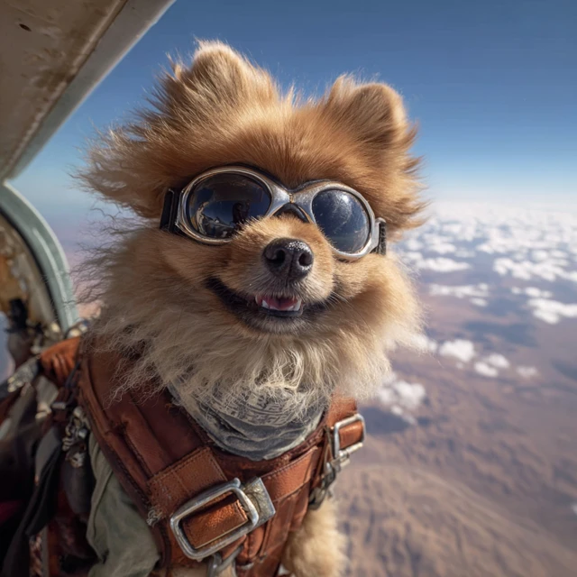 Pomeranian Dog in Aviator Glasses Skydiving