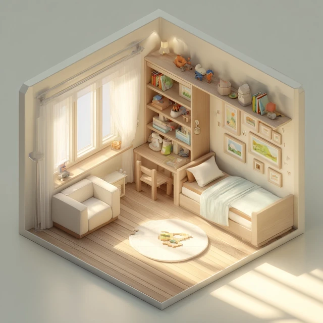 3D Isometric Kids Room Minimalist Design