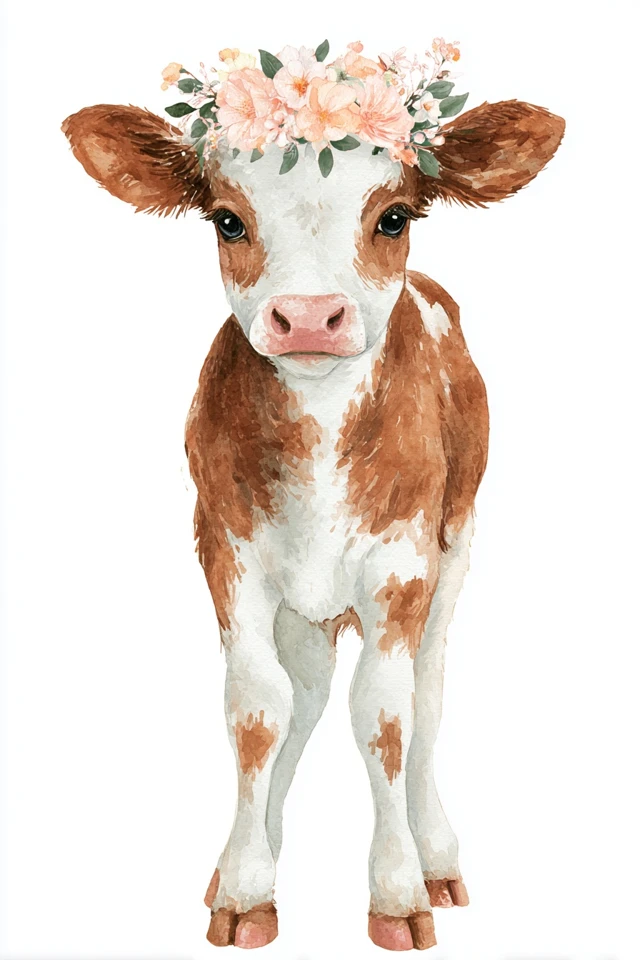 Baby Cow Watercolor Art Flower Crown