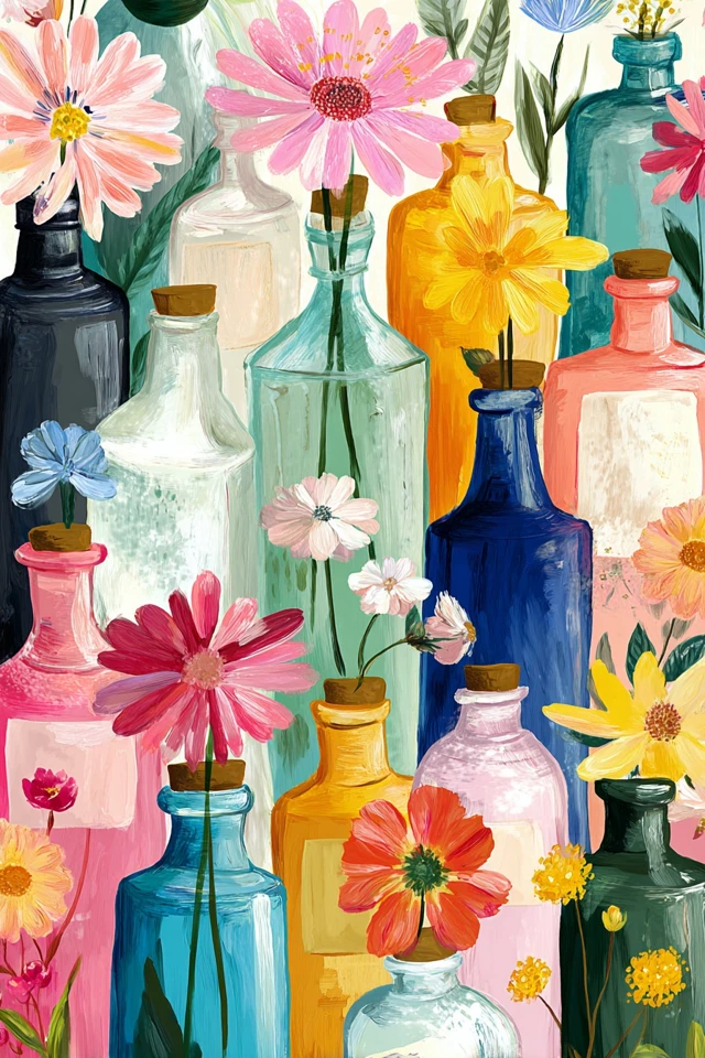 Vintage Glass Bottles with Flowers Nursery Decor Art Print