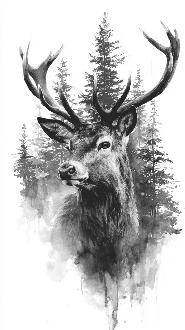 Stunning Stag Head Black and White Ink Wash Art