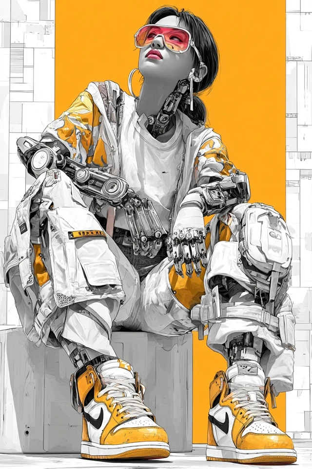 Cyberpunk Japanese Woman with Robotic Arm and Dunks