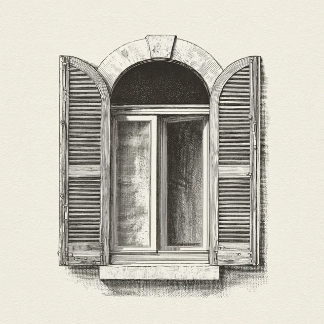 Vintage Engraving Arched Window with Shutters
