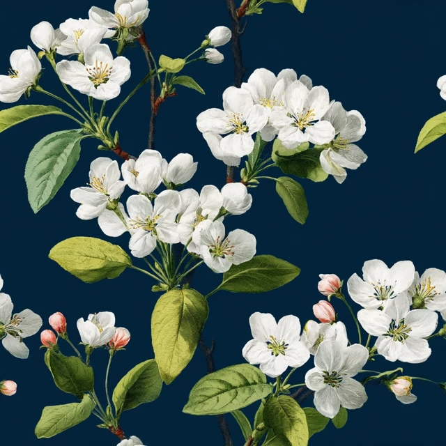 Botanical Blossom Illustration Dark Blue Background