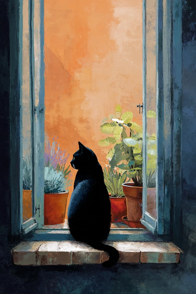 Black Cat at Window Gouache Painting