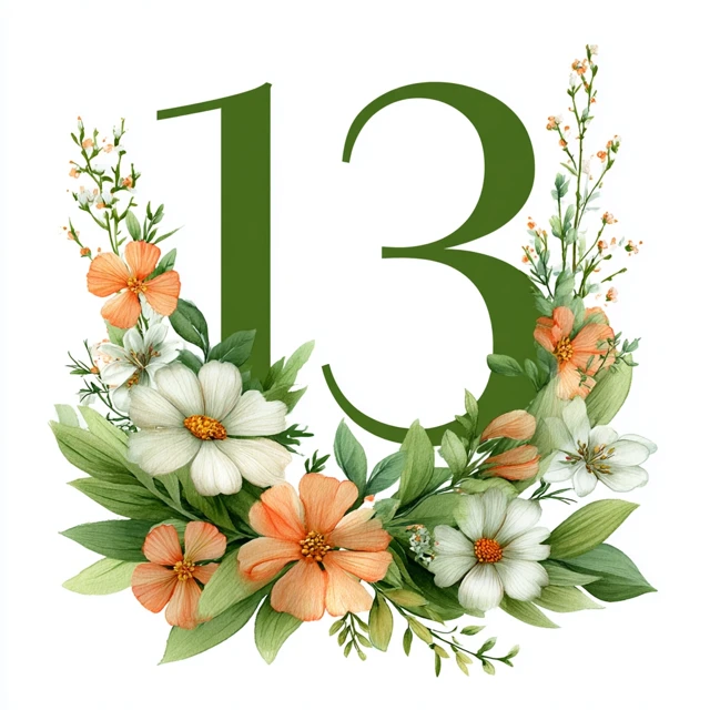 Floral Number 13 Clipart Green and Orange Flowers
