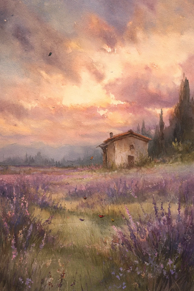 Lavender Field at Sunrise Watercolor Painting