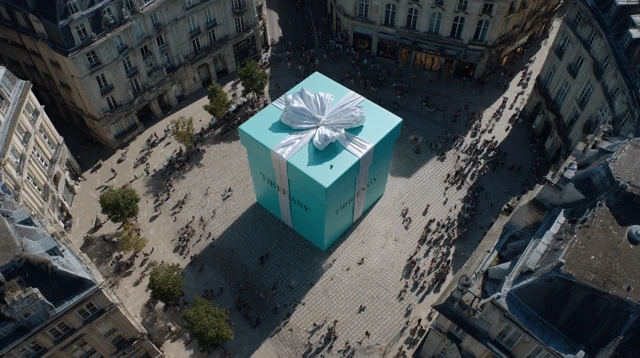 Giant Tiffany Co Gift in European Plaza Drone Shot