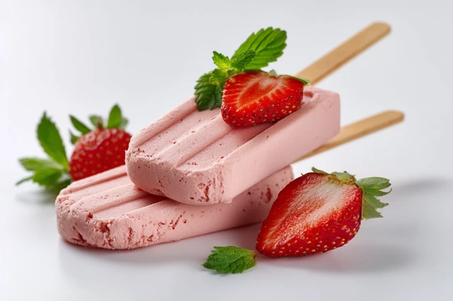 Homemade Strawberry Popsicles on White Background
