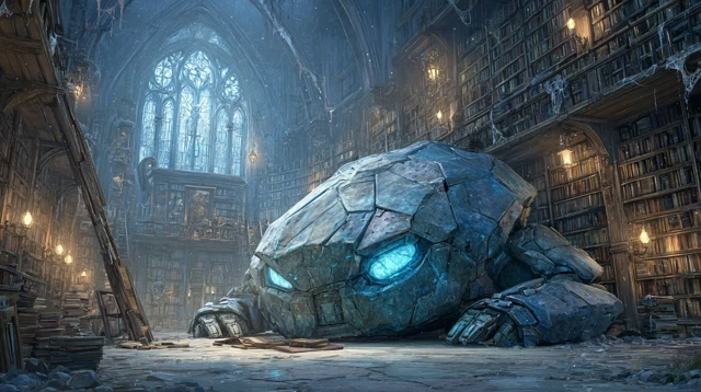 Sleeping Robot in Ancient Library Ghibli Inspired