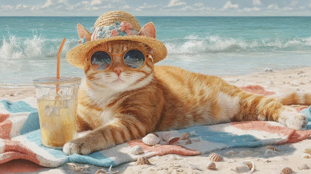 Relaxed Cat on Beach Sunglasses and Sunhat