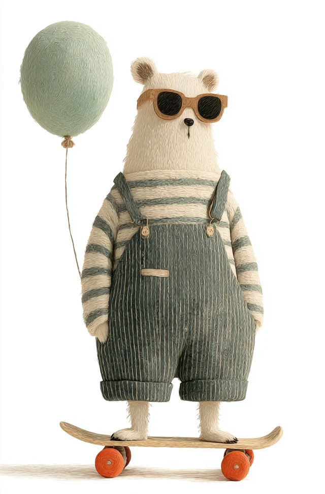 Cute Bear on Skateboard with Balloon Illustration