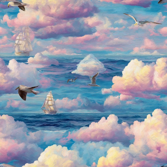 Seagulls Ocean Clouds Oil Painting