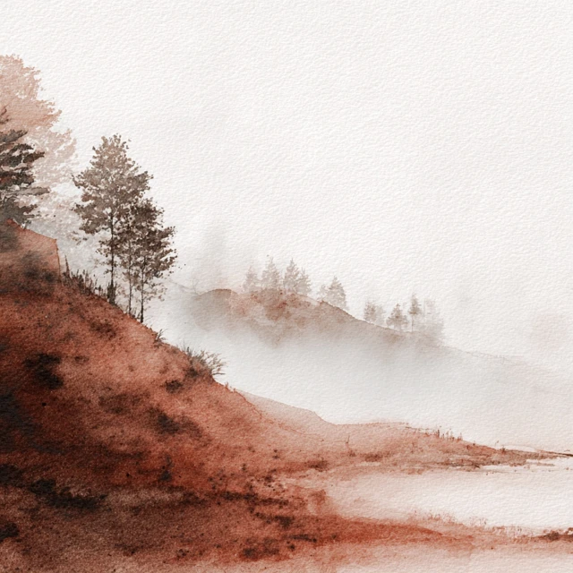 Foggy Watercolor Landscape Hometown Scene