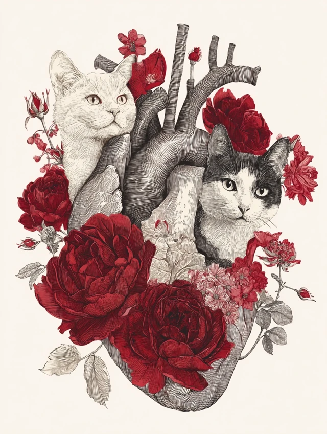 Cats in a Floral Heart Anatomy Art