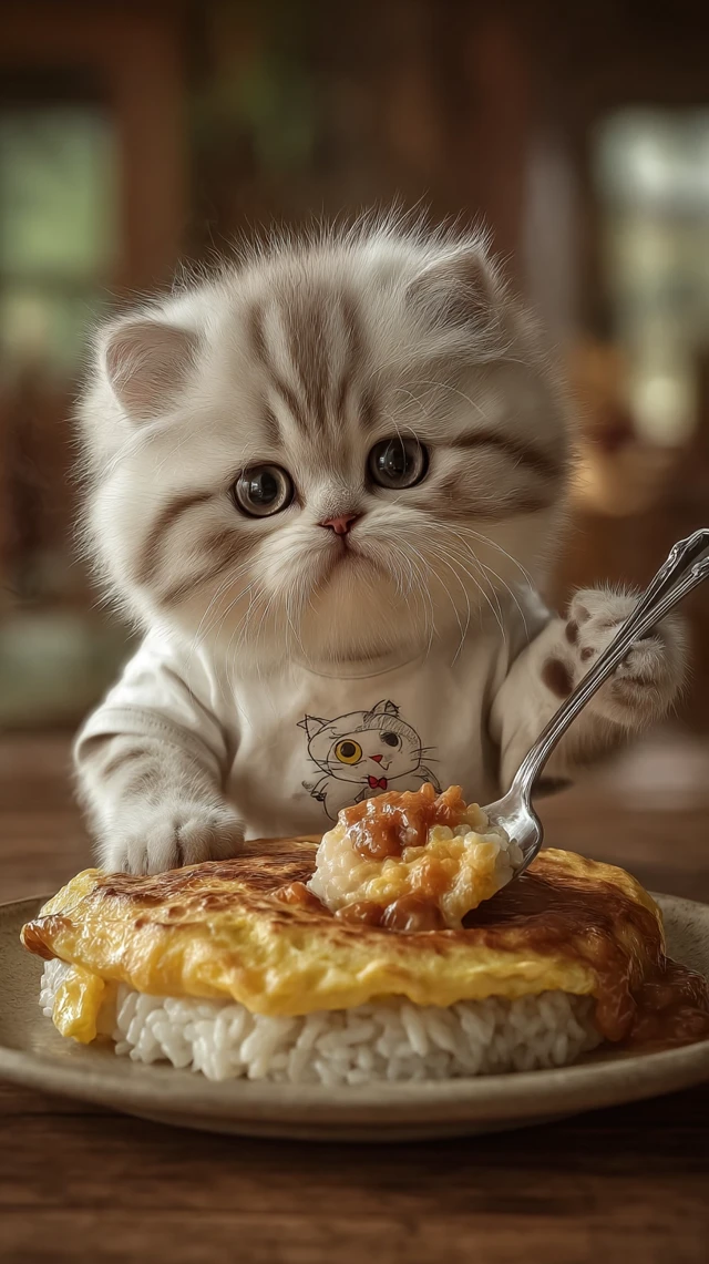 Cute Kitten Eats Omelet Rice Delicious Food Photo