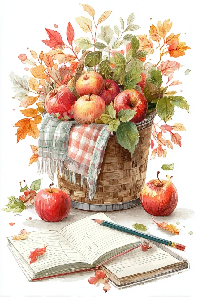 Autumn Basket Illustration Apples Leaves Notebook
