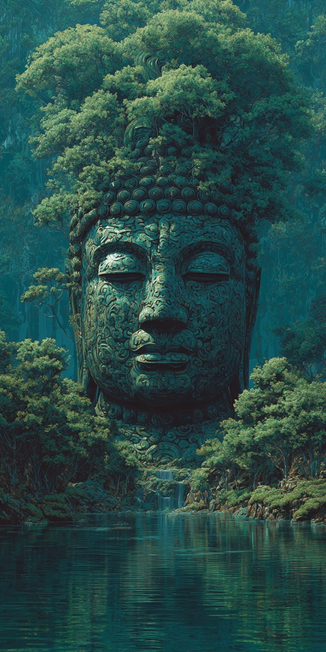 Buddha Statue with Trees Tranquil Forest Art