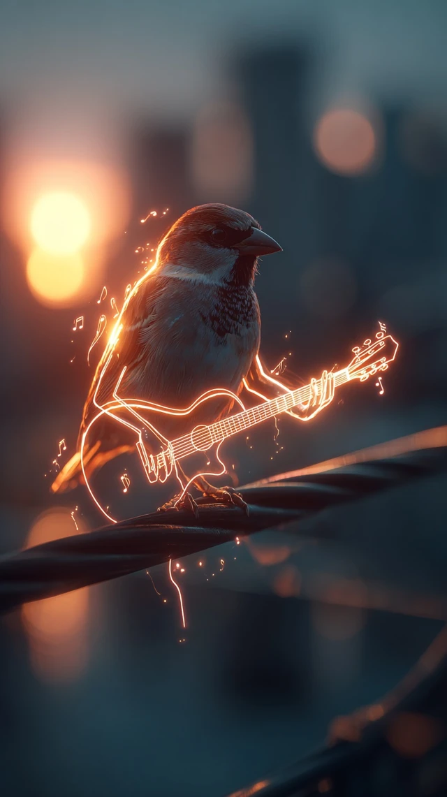Musical Sparrow Glowing Line Art Illustration