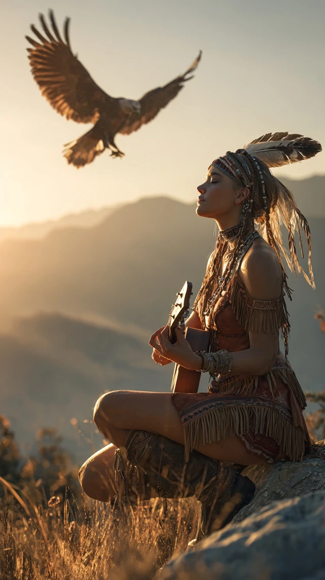 Native American Woman Playing Music With Eagle