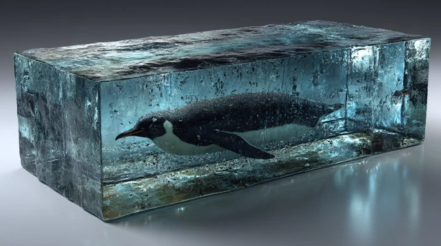 Penguin Frozen in Ice Photorealistic Wide Angle