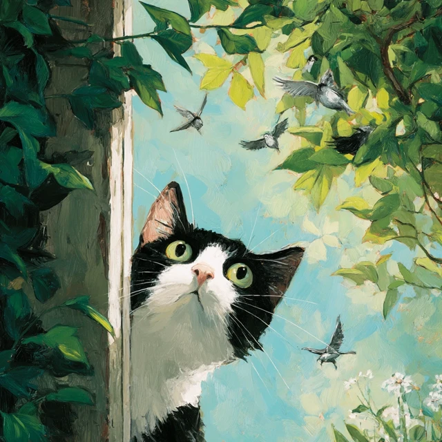 Whimsical Painting Cat and Birds