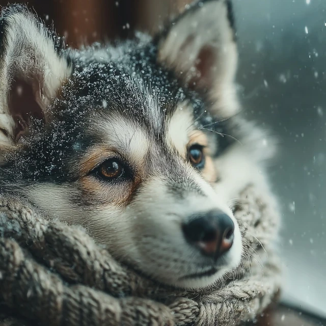 Lonely Husky Puppy in Snow Warm Portrait