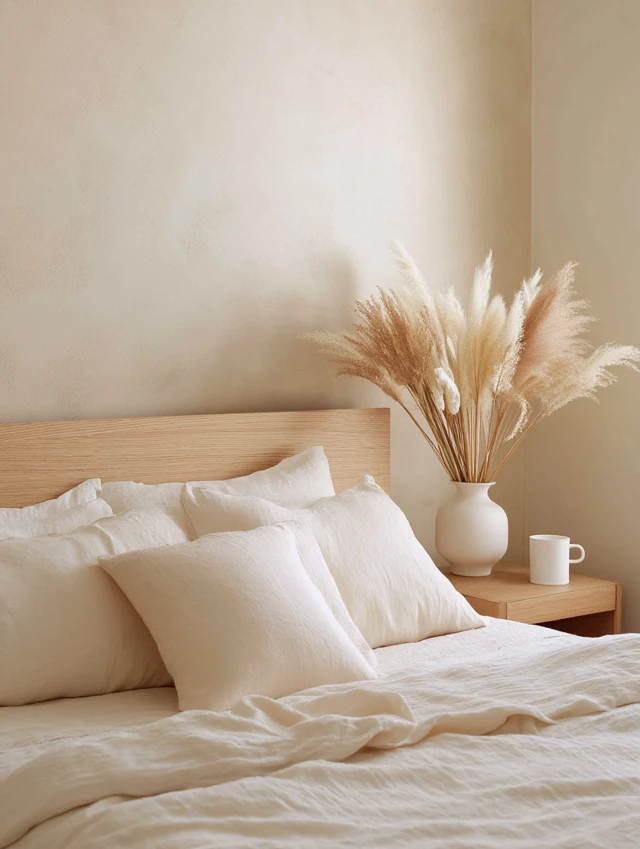 Calming Bedroom Corner with Linen Sheets and Flowers
