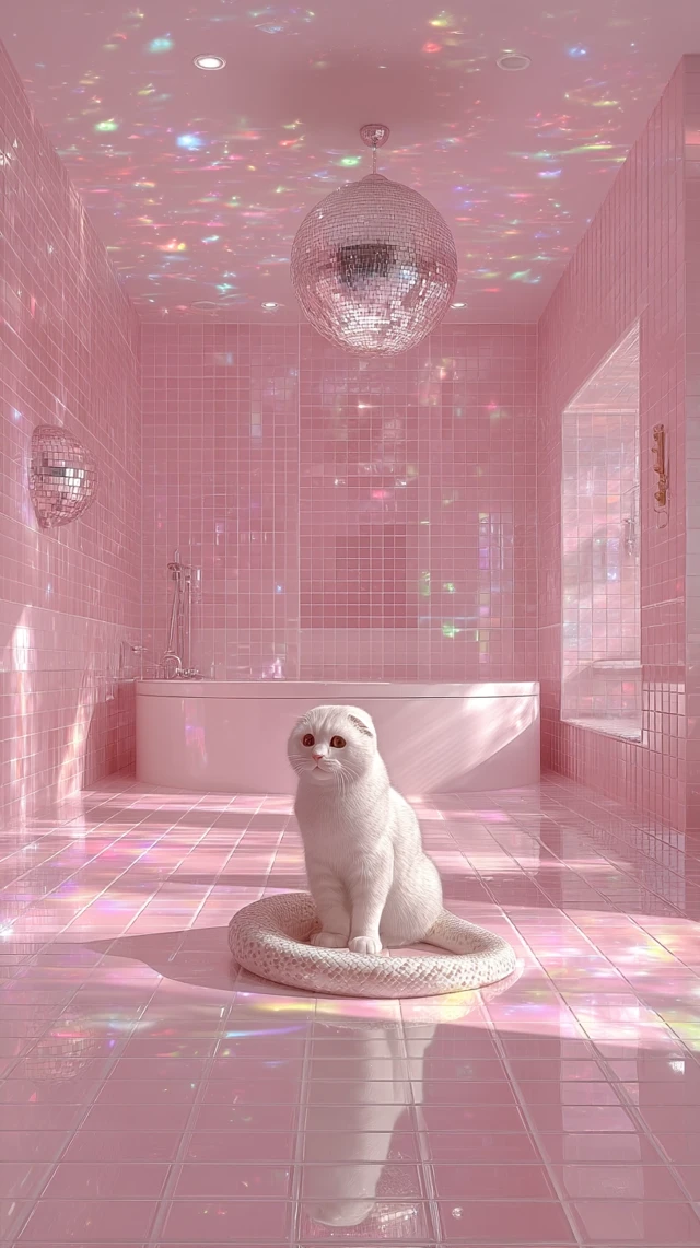 Scottish Fold Cat in Pastel Bathroom with Disco Ball