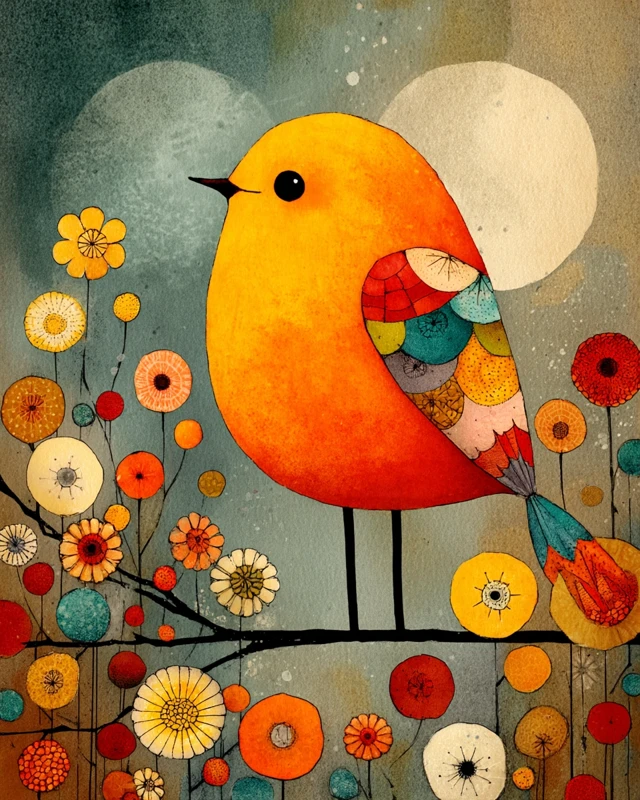 Whimsical Bird Watercolor Painting Folk Art