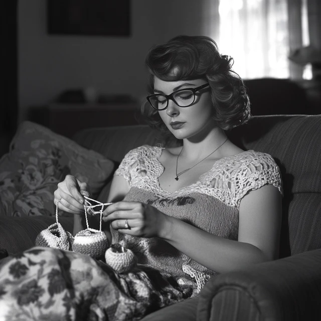 Beautiful Woman Crocheting in Black and White