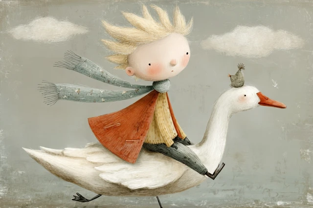 Charming Boy Riding Goose Little Prince Vibe Painting