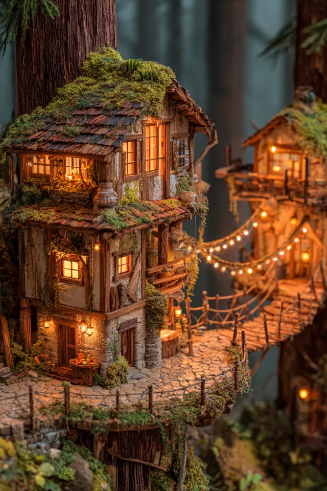 Cozy Treehouse Forest Cabin in Misty Golden Hour Light
