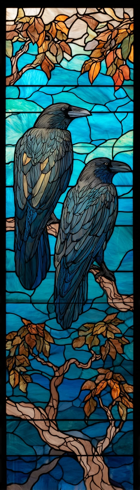 Stained Glass Ravens Branches Blue Sky