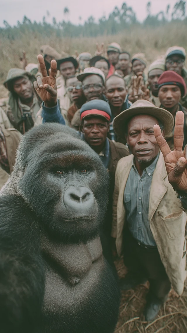 Gorilla and Soldiers Making Peace Sign