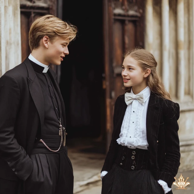 Priest and Student Conversation in Front of a Church