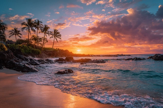 Hawaiian Sunset Beach Paradise with Palm Trees