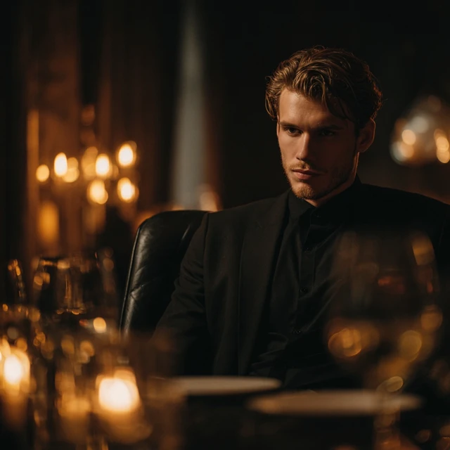 Attractive Man in Black Dining at a High End Restaurant