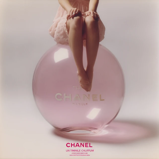 Chanel Perfume Ad Girl on Pink Bubble Hyperrealistic