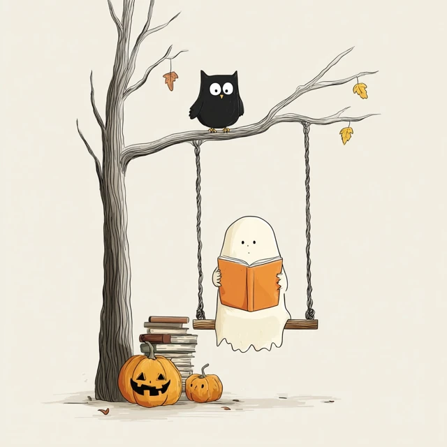 Cute Ghost Reading Book Halloween Illustration