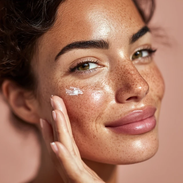 Woman Applying Face Cream Glowing Skin