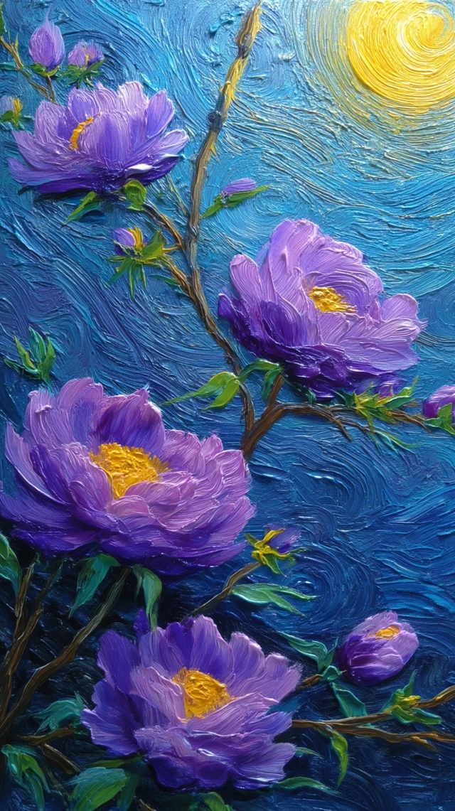 Purple Peonies Oil Painting in Van Gogh Style