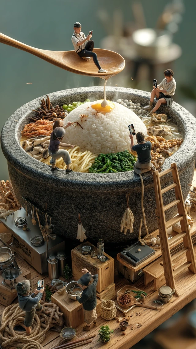 Bibimbap Feast Miniature People UltraRealistic Top View