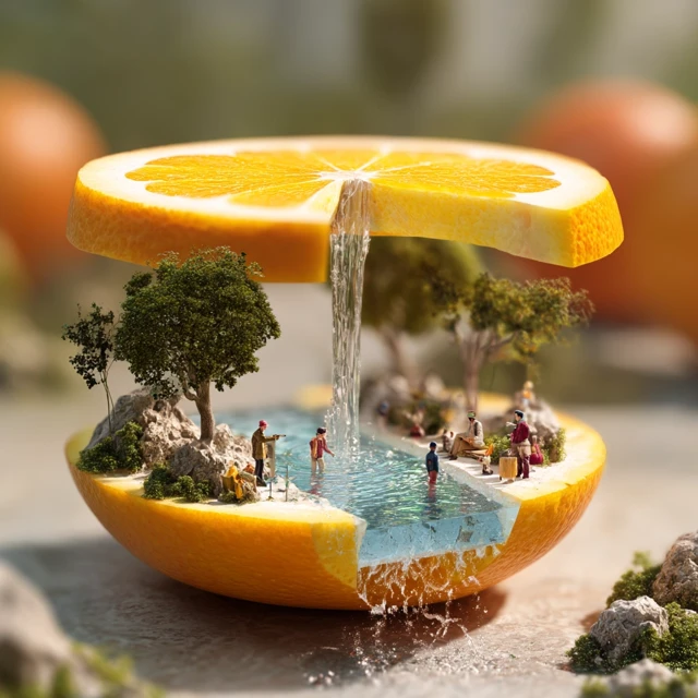Miniature World in an Orange: Whimsical Digital Art