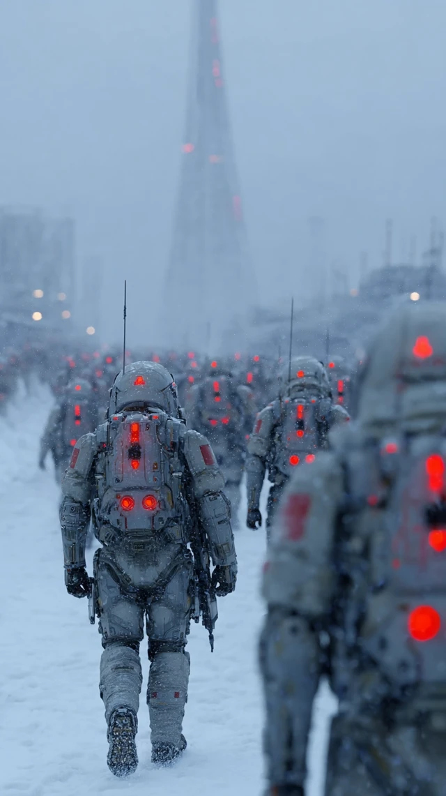 Futuristic Russian Army Marching in Snowy Battlefield