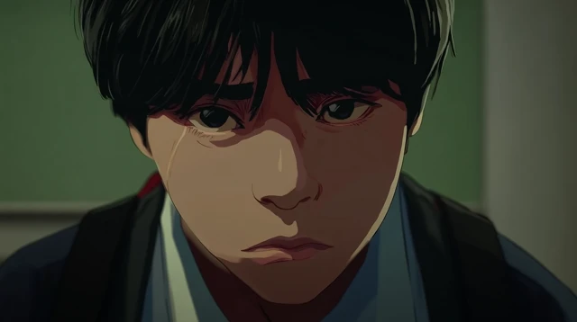 Anime Portrait of a Melancholic Boy In School Uniform
