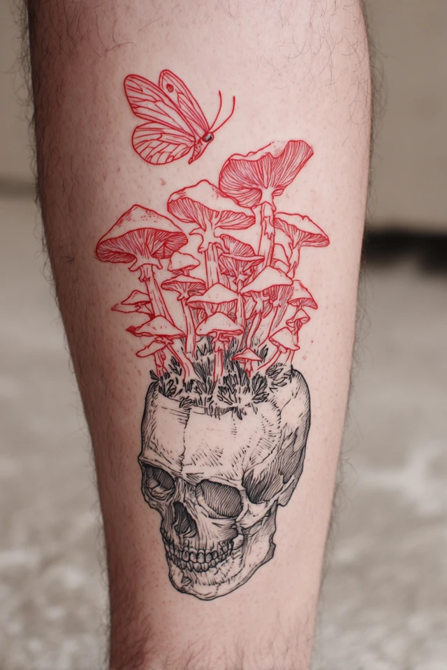 Skull with Mushrooms and Butterflies Tattoo Design